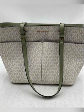 Michael Kors Jet Set Travel MD Double Pocket Tote Shoulder Bag Vanilla/Green NWT